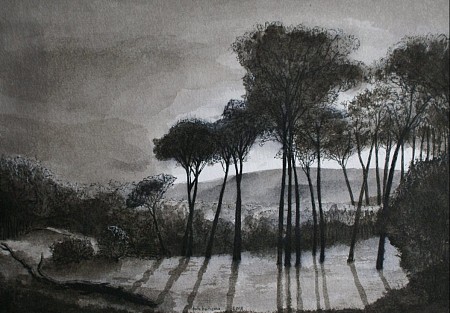 Pentekening, gewassen, Italiaans landschap, mooi ingelijst achter glas geschilderd door Frits Hoitsema KUNSTSCHILDER